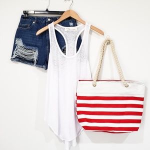 BEACH BUM ROPE & CANVAS STRIPED TOTE (RED)